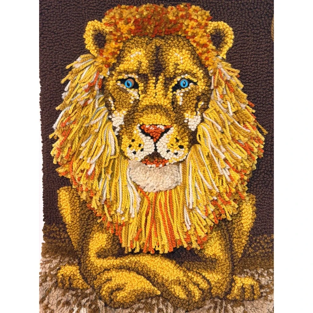 Vintage Latch Hook Lion Wall Hanging Art 70s Boho